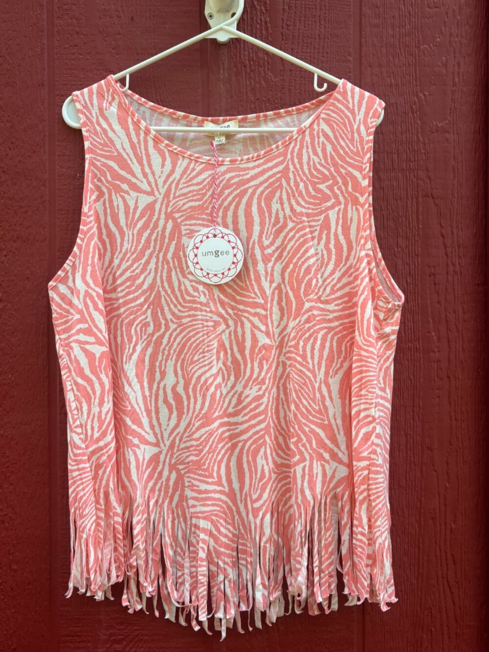 Umgee Pink Zebra Stripe Fringe Hem Sleeveless Top Size L NWT